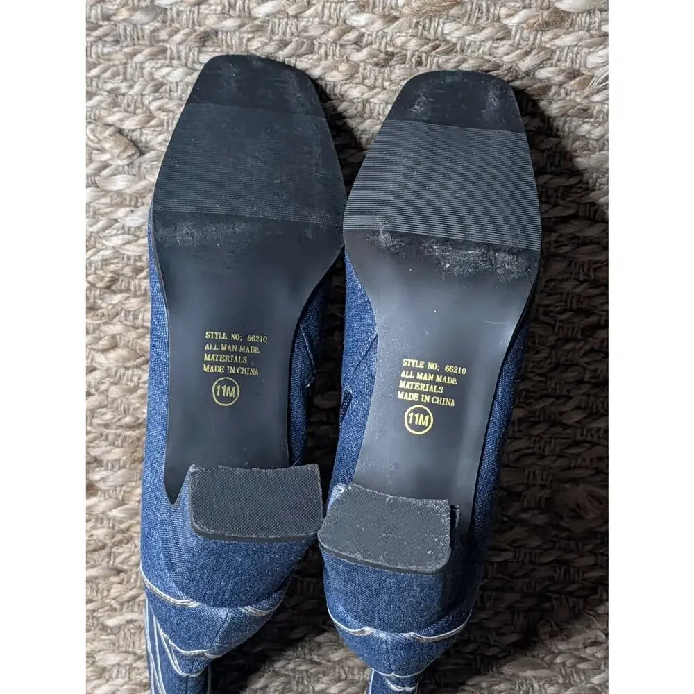 Annie Women’s Denim Blue Ankle Booties Block Heel Boots Silver Accents Sz. 11 M